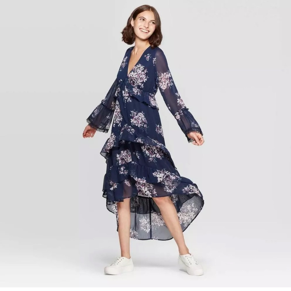 Xhilaration Blue Floral Chiffon Hi-Low Dress - Tiered Ruffle Boho Midi, Size M